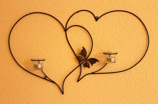 Preview: Doppelherz Wandteelichthalter Herz 65 cm Teelichthalter aus Metall Wandleuchter Kerzenhalter