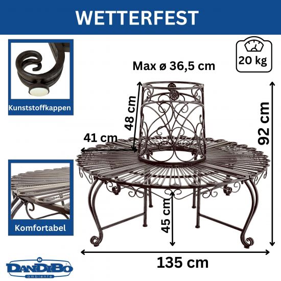 Preview: DanDiBo Baumbank Rund Metall Wetterfest Braun 96591 Rundbank ø 135 cm Gartenbank Sitzbank Bank Garten Antik