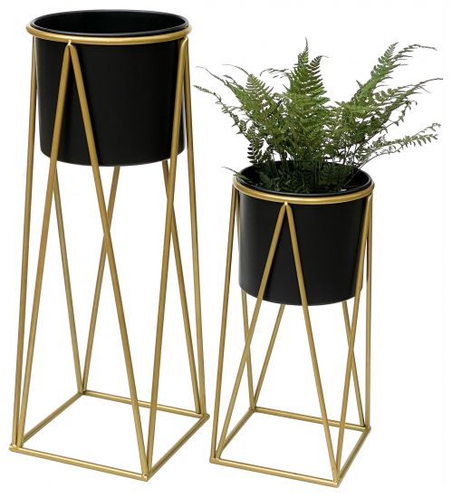 DanDiBo Blumenhocker mit Topf Metall Gold Schwarz 2er Set Blumenständer 96046 Blumensäule Modern Pflanzenständer Pflanzenhocker
