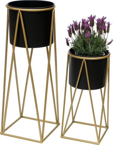 Preview: DanDiBo Blumenhocker mit Topf Metall Gold Schwarz 2er Set Blumenständer 96046 Blumensäule Modern Pflanzenständer Pflanzenhocker