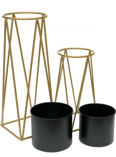 Preview: DanDiBo Blumenhocker mit Topf Metall Gold Schwarz 2er Set Blumenständer 96046 Blumensäule Modern Pflanzenständer Pflanzenhocker