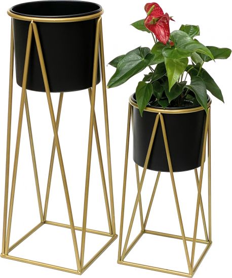 DanDiBo Blumenhocker mit Topf Metall Gold Schwarz 2er Set Blumenständer 96046 Blumensäule Modern Pflanzenständer Pflanzenhocker