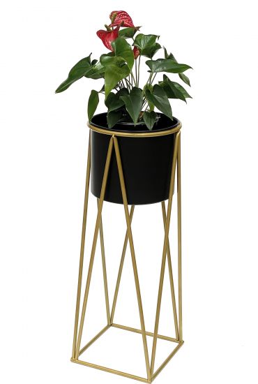 Preview: DanDiBo Blumenhocker mit Topf Metall Gold Schwarz L 70 cm Blumenständer 96046 Blumensäule Modern Pflanzenständer Pflanzenhocker