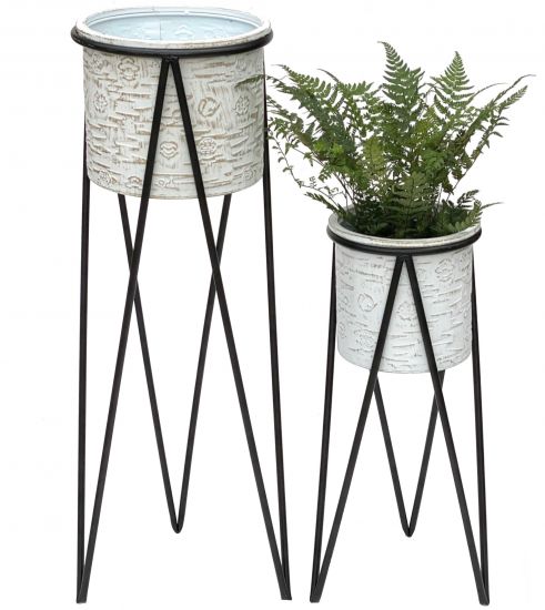 DanDiBo Blumenhocker mit Topf Metall Schwarz Weiß 2er Set Blumenständer 96043 Blumensäule Modern Pflanzenständer Pflanzenhocker