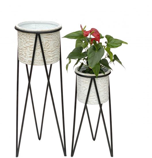 Preview: DanDiBo Blumenhocker mit Topf Metall Schwarz Weiß 2er Set Blumenständer 96043 Blumensäule Modern Pflanzenständer Pflanzenhocker