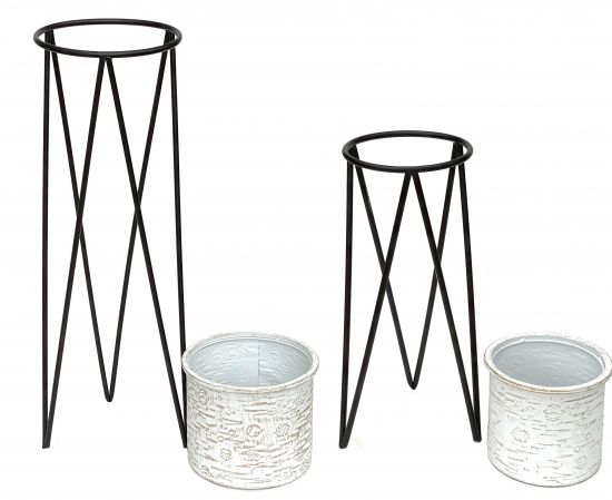 Preview: DanDiBo Blumenhocker mit Topf Metall Schwarz Weiß 2er Set Blumenständer 96043 Blumensäule Modern Pflanzenständer Pflanzenhocker