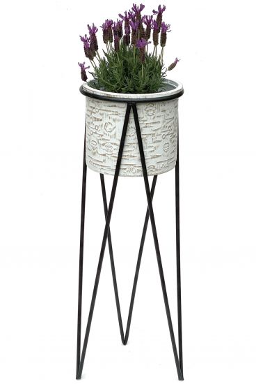 DanDiBo Blumenhocker mit Topf Metall Schwarz Weiß L 75 cm Blumenständer 96043 Blumensäule Modern Pflanzenständer Pflanzenhocker