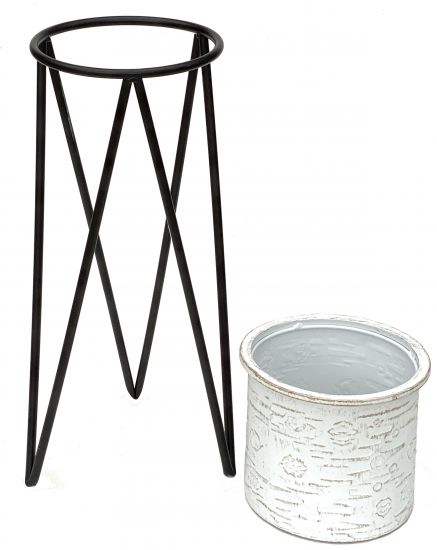 Preview: DanDiBo Blumenhocker mit Topf Metall Schwarz Weiß S 50 cm Blumenständer 96043 Blumensäule Modern Pflanzenständer Pflanzenhocker