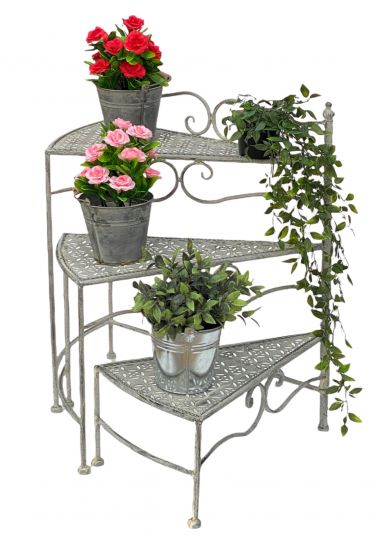 DanDiBo Blumentreppe Innen Metall Weiß Grau 55 cm Blumenständer mit 3 Ablagen 96125 Blumenständer Blumensäule Pflanzenständer Balkon Vintage