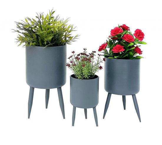 Preview: DanDiBo Blumentopf mit Füßen Pflanztopf Blumenkübel mit Beinen Metall Grau 3er Set 96260 Modern Pflanzenständer