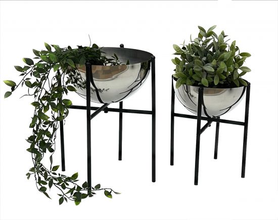 DanDiBo Blumenhocker Metall mit Topf Schwarz Silber 2er Set Blumenständer 96257  Blumensäule Modern Pflanzenständer Pflanzenhocker