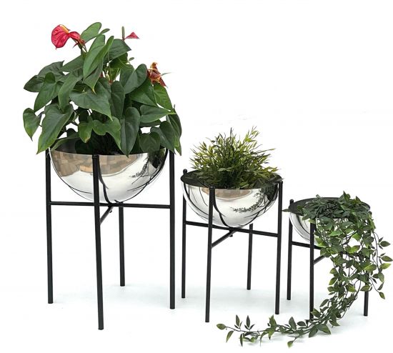 Preview: DanDiBo Blumenhocker Metall mit Topf Schwarz Silber 3er Set Blumenständer 96257 Blumensäule Modern Pflanzenständer Pflanzenhocker