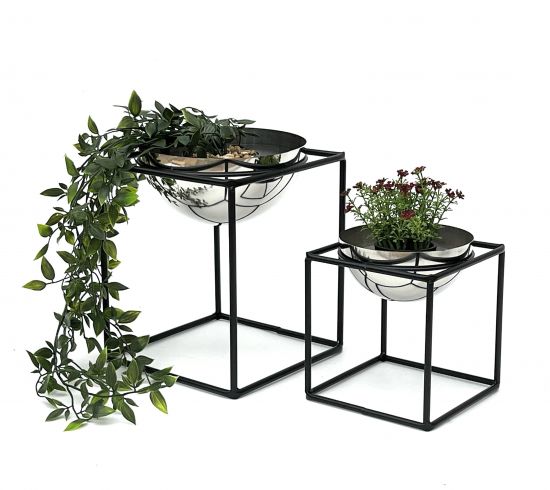 DanDiBo Blumenhocker Metall mit Topf Schwarz Silber Blumenständer 96256 2er Set Blumensäule Modern Pflanzenständer Pflanzenhocker