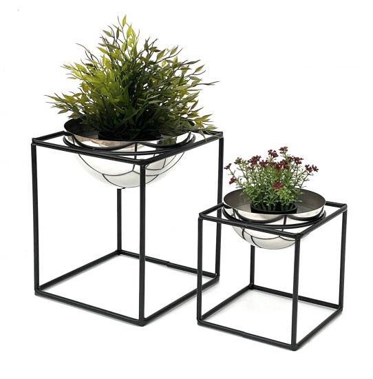 Preview: DanDiBo Blumenhocker Metall mit Topf Schwarz Silber Blumenständer 96256 2er Set Blumensäule Modern Pflanzenständer Pflanzenhocker