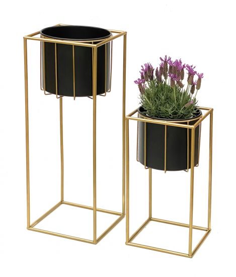 Preview: DanDiBo Blumenhocker mit Topf Metall Gold Schwarz Eckig 2er Set Blumenständer 96035 Blumensäule Modern Pflanzenständer Pflanzenhocker