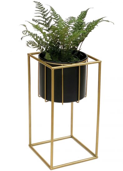 DanDiBo Blumenhocker mit Topf Metall Gold Schwarz Eckig S 45 cm Blumenständer 96035 Blumensäule Modern Pflanzenständer Pflanzenhocker