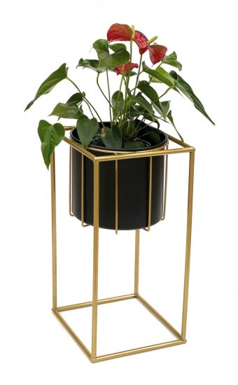 DanDiBo Blumenhocker mit Topf Metall Gold Schwarz Eckig S 45 cm Blumenständer 96035 Blumensäule Modern Pflanzenständer Pflanzenhocker