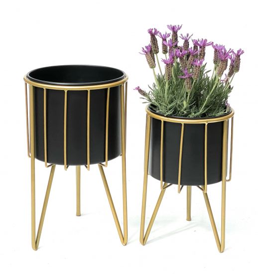 DanDiBo Blumenhocker mit Topf Metall Gold Schwarz Rund 2er Set Blumenständer 96039 Blumensäule Modern Pflanzenständer Pflanzenhocker
