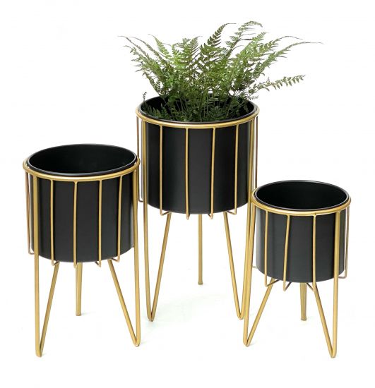 DanDiBo Blumenhocker mit Topf Metall Gold Schwarz Rund 3er Set Blumenständer 96039 Blumensäule Modern Pflanzenständer Pflanzenhocker