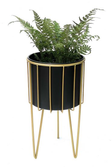 Preview: DanDiBo Blumenhocker mit Topf Metall Gold Schwarz Rund L 45 cm Blumenständer 96039 Blumensäule Modern Pflanzenständer Pflanzenhocker