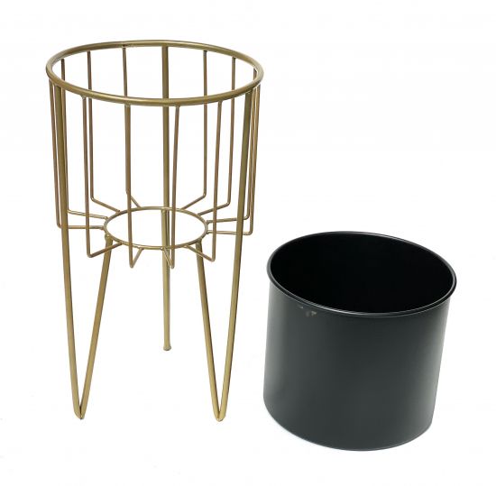 Preview: DanDiBo Blumenhocker mit Topf Metall Gold Schwarz Rund L 45 cm Blumenständer 96039 Blumensäule Modern Pflanzenständer Pflanzenhocker