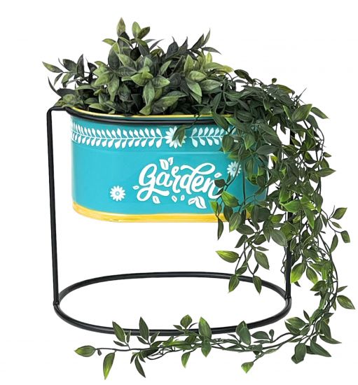 DanDiBo Blumenhocker mit Topf Metall Stehend Blau Oval 27 cm Blumenständer 96526 M Blumensäule Modern Pflanzenständer Pflanzgefäß