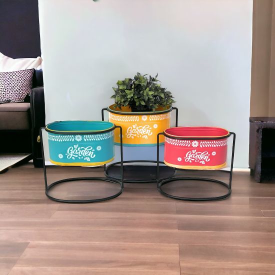 DanDiBo Blumenhocker mit Topf Metall Stehend Mehrfarbig Oval 96526 3er Set Blumenständer Blumensäule Modern Pflanzenständer Pflanzgefäß