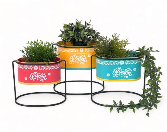 DanDiBo Blumenhocker mit Topf Metall Stehend Mehrfarbig Oval 96526 3er Set Blumenständer Blumensäule Modern Pflanzenständer Pflanzgefäß