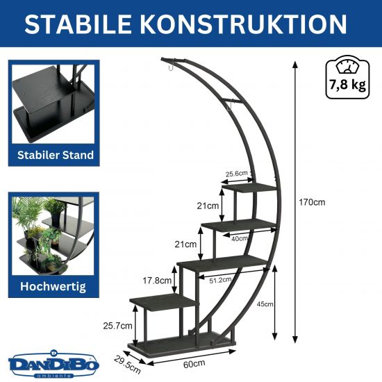 Preview: DanDiBo Blumenregal indoor 170 cm Hoch Metall Schwarz Halbrund 96585 Blumentreppe Groß Rund Pflanzenständer Modern Design