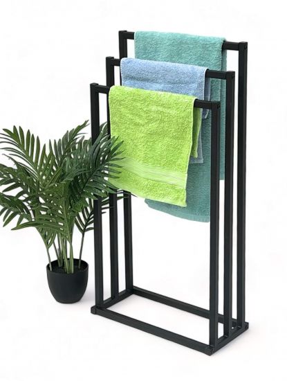 DanDiBo Handtuchhalter Stehend Schwarz Matt Metall KW449 3-armig Badetuchhalter mit 3 Handtuchstangen Badezimmer Badezimmermöbel Modern