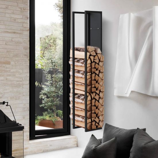 Preview: DanDiBo Kaminholzregal Innen Metall Schwarz Kaminholzständer 140 cm mit Rückwand an der Wand Hängend 96539 Holzkorb Kaminholzhalter Holzregal