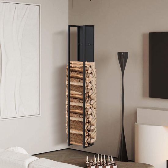 Preview: DanDiBo Kaminholzregal Innen Metall Schwarz Kaminholzständer 160 cm mit Rückwand an der Wand Hängend 96540 Holzkorb Kaminholzhalter Holzregal