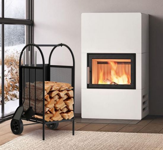 DanDiBo Kaminholzregal Innen Metall Schwarz Kaminholzständer 80 cm mit Kaminbesteck und Rädern 96358 Kaminholzwagen