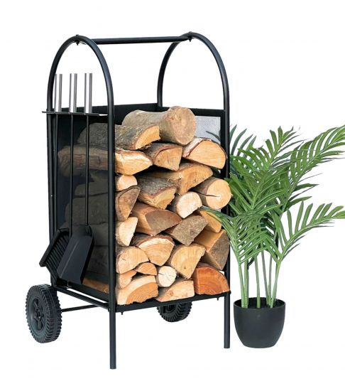 DanDiBo Kaminholzregal Innen Metall Schwarz Kaminholzständer 80 cm mit Kaminbesteck und Rädern 96358 Kaminholzwagen