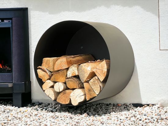 DanDiBo Firewood Rack Indoor Metal Black Round Wall 50 cm Firewood Rack with Back Panel 96433 Wall Mounted Hanging Wood Basket Firewood Holder Wood Rack