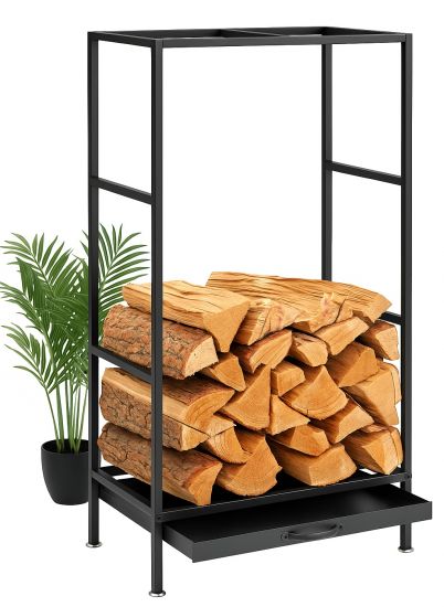 DanDiBo Kaminholzregal Innen Metall Schwarz Kaminholzständer 80 cm mit Schublade 96356 Holzkorb Kaminholzhalter Holzregal