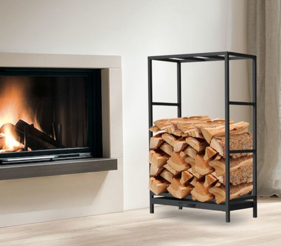 Preview: DanDiBo Kaminholzregal Innen Metall Schwarz Kaminholzständer 80 cm mit Schublade 96356 Holzkorb Kaminholzhalter Holzregal