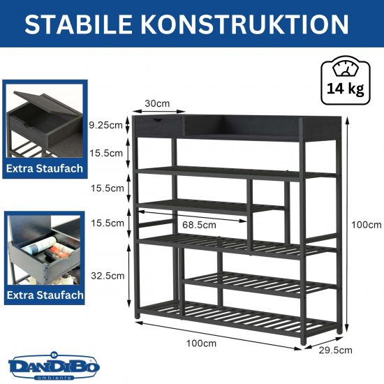 Preview: DanDiBo Schuhregal Platzsparend Metall Schwarz Modern 6 Etagen 100 cm mit Ablage Schuhständer mit Stauraum Schuhablage Schuhaufbewahrung Regal Design