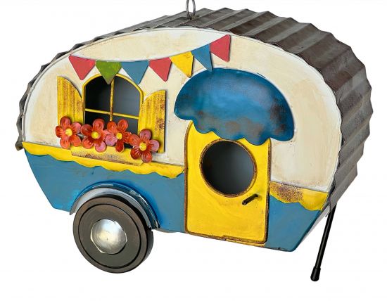 DanDiBo Vogelhaus zum Aufhängen Metall Deko Wohnwagen Wetterfest 96254 Nistkasten Futterstation für Vögel Shabby mit Kette Caravan Camper Balkon