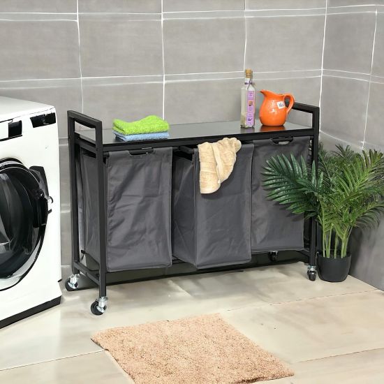 DanDiBo Laundry basket 3 compartments with shelf Black metal 96500 Laundry collector Laundry trolley with wheels Laundry box Laundry basket Laundry bag Modern