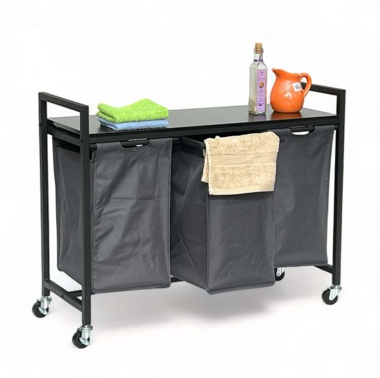 DanDiBo Laundry basket 3 compartments with shelf Black metal 96500 Laundry collector Laundry trolley with wheels Laundry box Laundry basket Laundry bag Modern