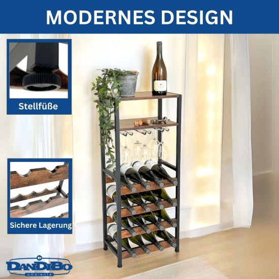 Preview: DanDiBo Weinregal Metall Schwarz Stehend mit Glashalter 100 cm 96575 Flaschenregal Flaschenständer Flaschenhalter Modern