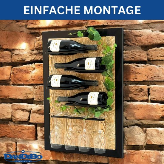 Preview: DanDiBo Weinregal Wand Metall Schwarz 4 Flaschen mit Glashalter 96617 Weinhalter Wandregal Modern Flaschenhalter Design Wanddeko