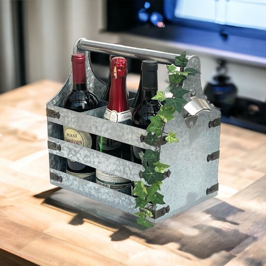 Preview: DanDiBo Weinträger Metall mit Öffner 96403 Flaschenträger 6 Flaschen Flaschenkiste Flaschenöffner Flaschenkorb Weinflaschenträger