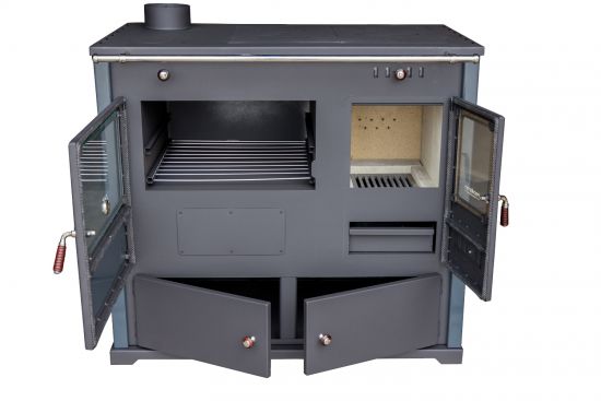 Kaminofen mit Backfach und Herdplatte Pracktik Lux Anthrazit RAL 7016 LINKS Holzofen 9,5 kW Kamin Ofen Dauerbrandofen Werkstattofen Schwedenofen Hüttenofen Heizofen