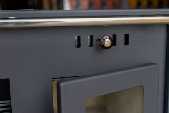 Kaminofen mit Backfach und Herdplatte Pracktik Lux Anthrazit RAL 7016 LINKS Holzofen 9,5 kW Kamin Ofen Dauerbrandofen Werkstattofen Schwedenofen Hüttenofen Heizofen