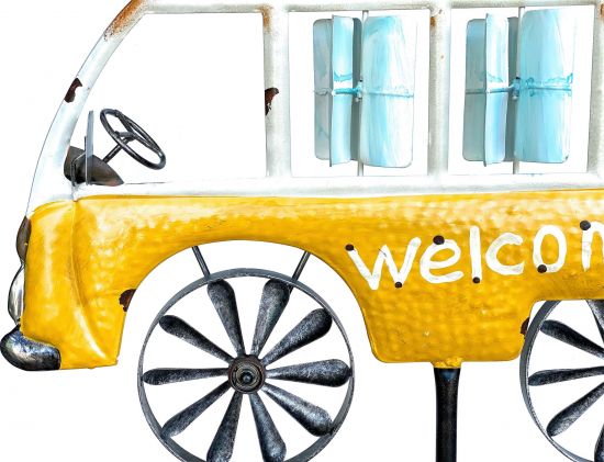 Preview: DanDiBo Gartenstecker Metall Bus Auto XL 160 cm Gelb Weiß 96104 Windspiel Willkommen Windrad Wetterfest Gartendeko Gartenstab Bodenstecker Mini Van