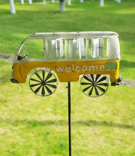 DanDiBo Gartenstecker Metall Bus Auto XL 160 cm Gelb Weiß 96104 Windspiel Willkommen Windrad Wetterfest Gartendeko Gartenstab Bodenstecker Mini Van