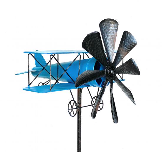 Preview: DanDiBo Gartenstecker Metall Flugzeug XL 160 cm Doppeldecker Blau 96099 Windspiel Windrad Wetterfest Gartendeko Garten Gartenstab Bodenstecker