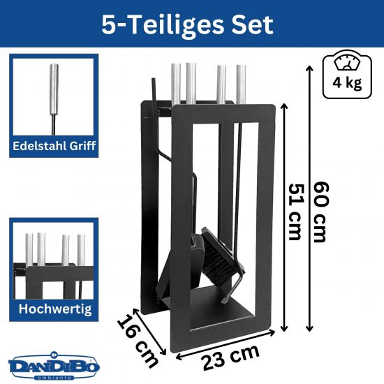 Preview: DanDiBo Kaminbesteck Modern Schwarz 5 Teilig Set 96572 Kaminset Kamingarnitur Ofenbesteck